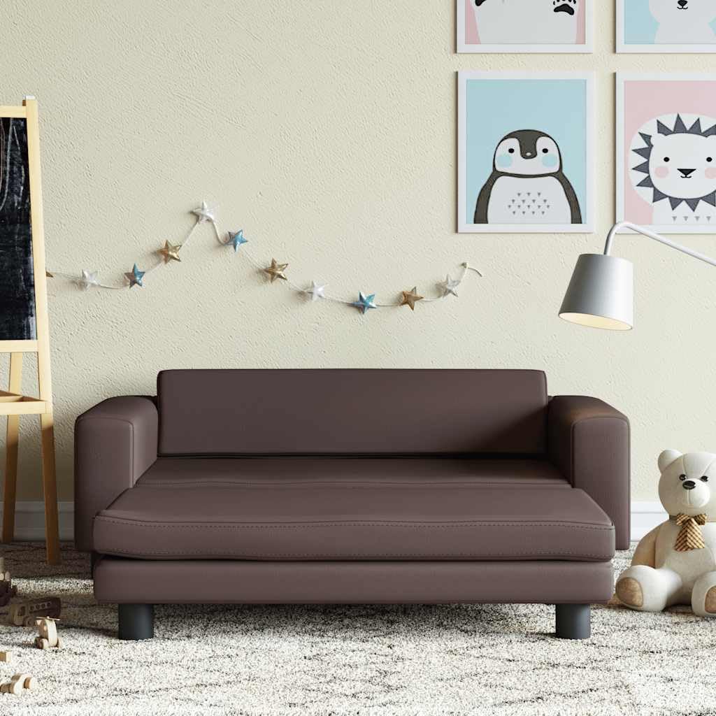 Sofa dziecięca z taboretem brązowa ze sztucznej skóry i pianki, 100 x 50 x 30 cm, dla dzieci w wieku od 3 do 6 lat, z ramą z drewna sosnowego i nośnością 50 kg