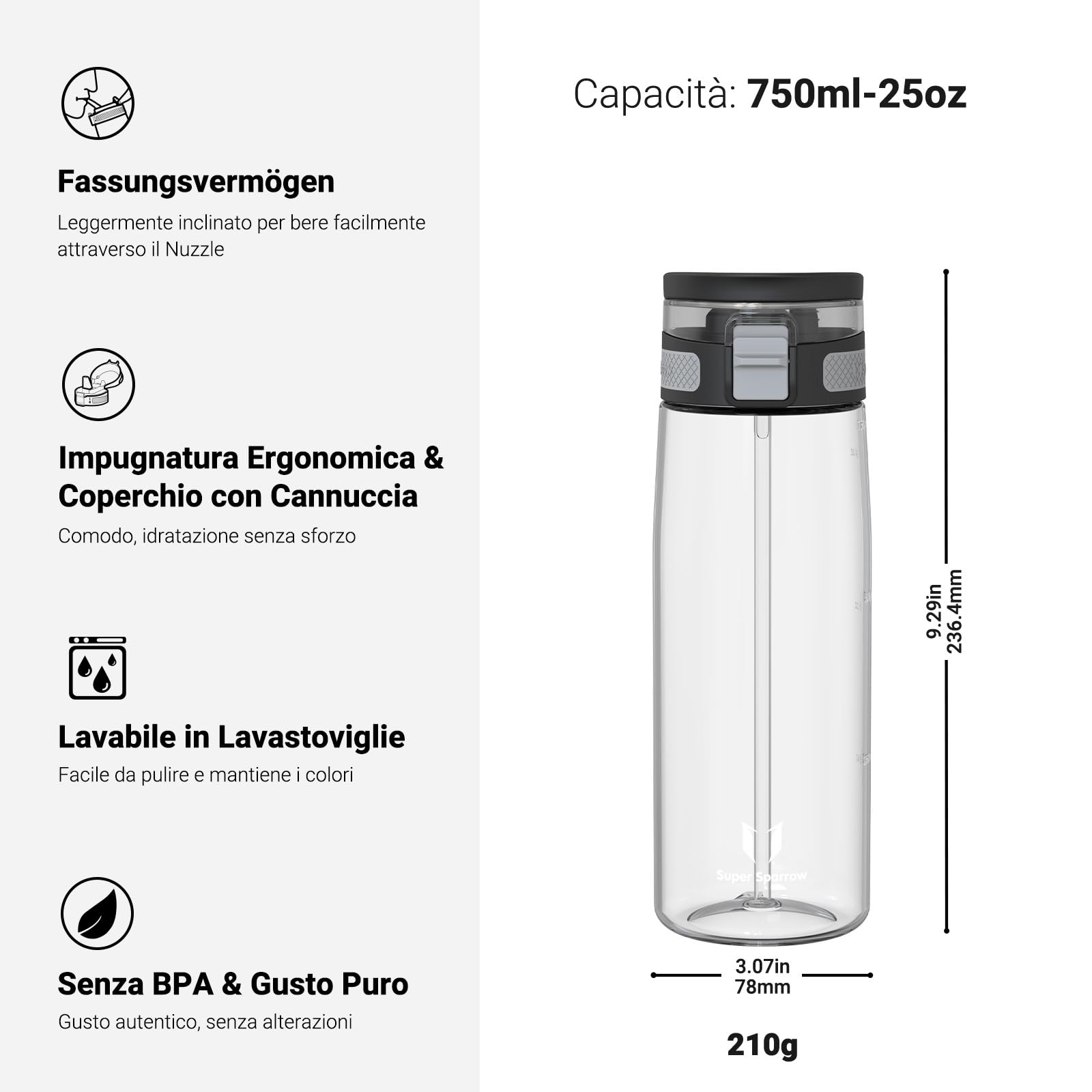 Super Sparrow Borraccia - TouchSip Sportiva Bottiglia - 500ml/750ml/1L - Tritan Senza BPA, a Prova di Perdite - Borracce con Cannuccia Ideale per Scuola e Sport