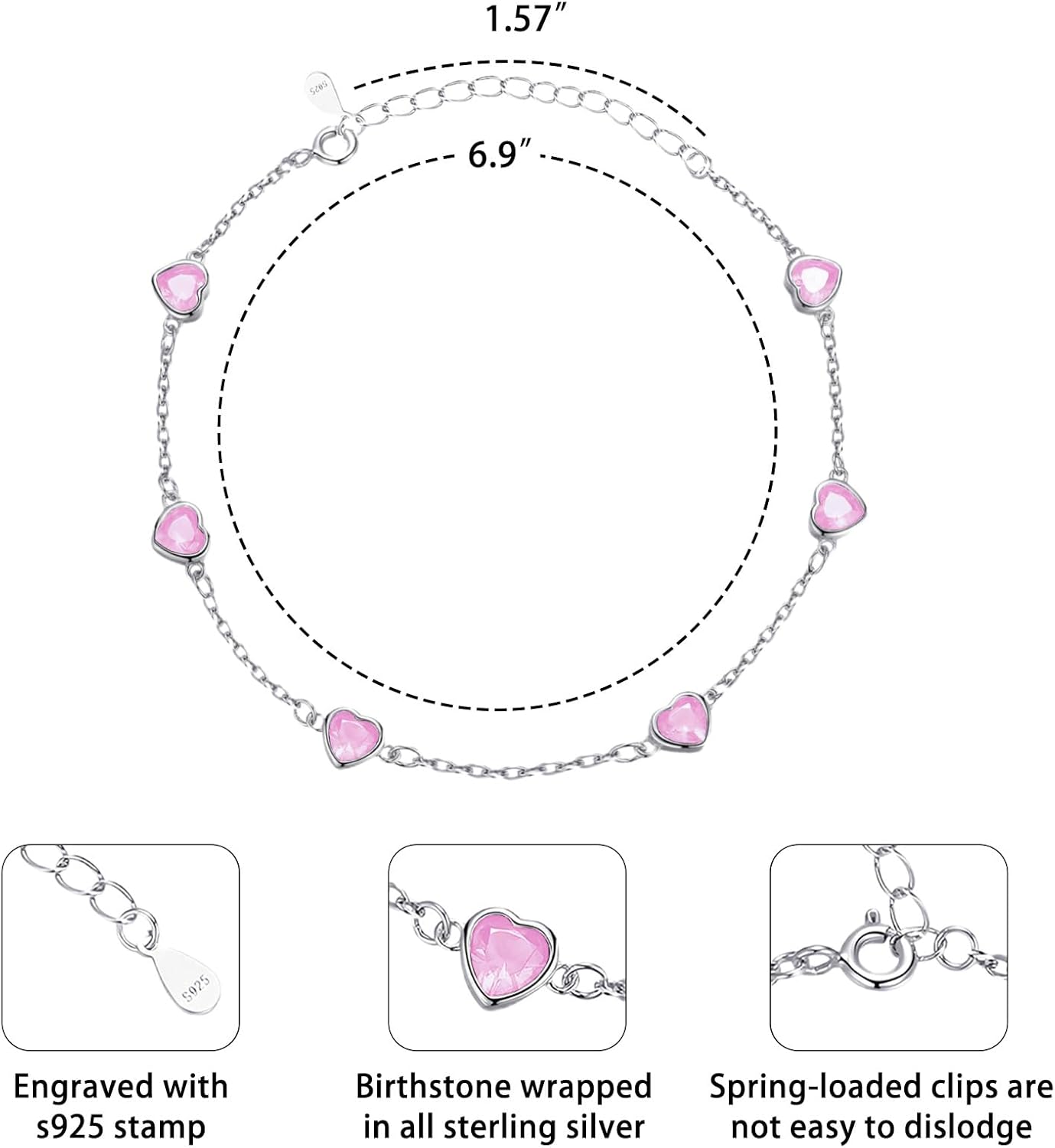 925 Sterling Silver Birthstone Bracelet 12 Color Options Diamond Heart Bracelet Jewelry Gift for Women - Image 2