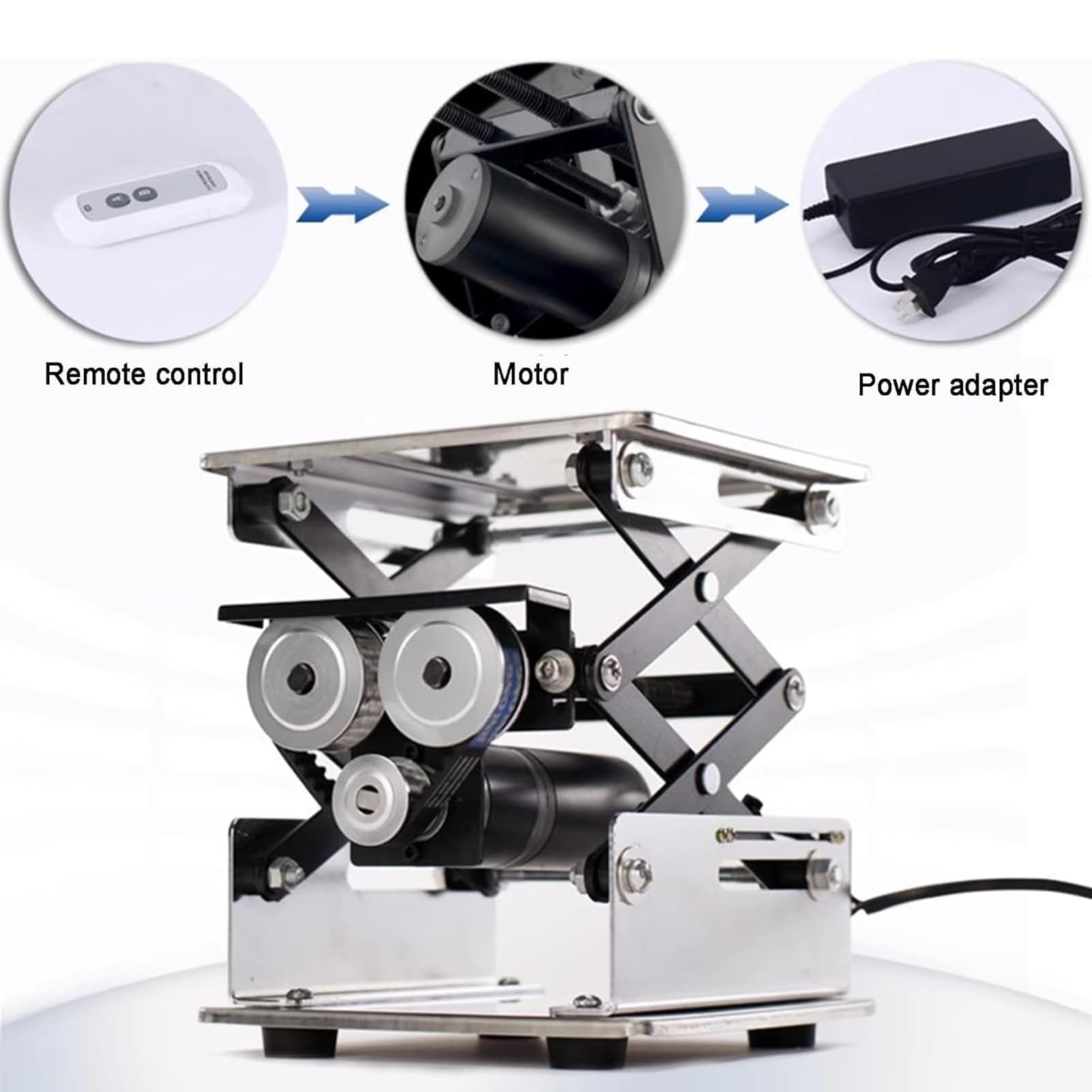 Mesa elevadora eléctrica, plataforma de elevación ajustable en altura, capacidad de 10 kg, control remoto, acero inoxidable duradero, perfecta para experimentos y manipulación de materiales