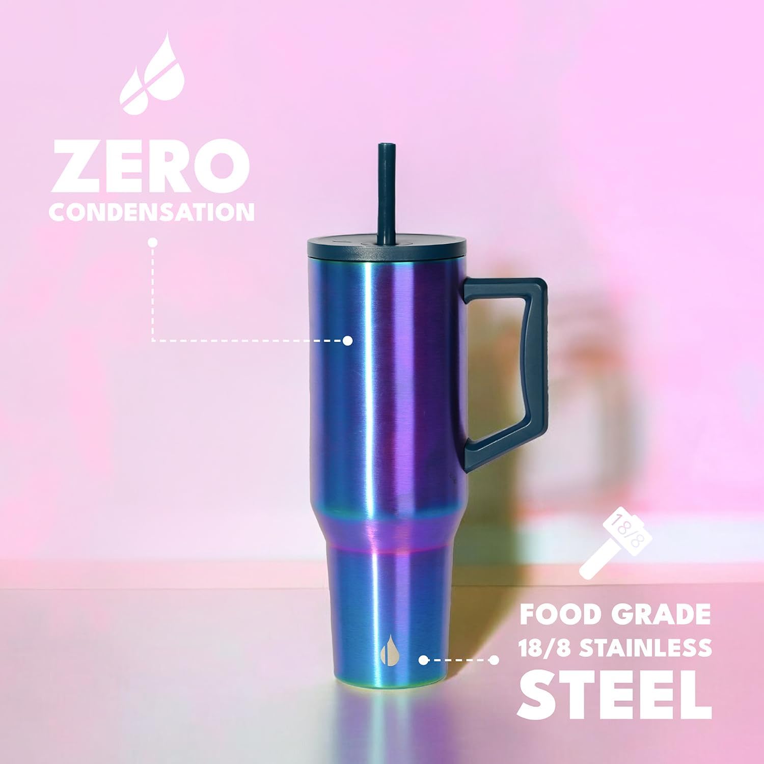 Elemental 40 oz Tumbler with Handle and Straw - Spill Proof Insulated Stainless Steel Commuter for Hot and Cold Beverages - Travel Coffee Mug with 2 Straws & Spill Proof Lid - 40oz - Iridescent - Image 5
