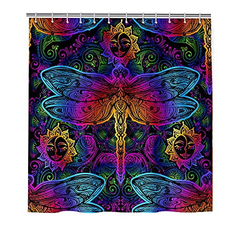 Bohemian Indian Shower Curtain Abstract Colorful Sun Paisley Dragonfly Mandala Ethnic Hippie Print Pattern Bathroom Curtain Set With 12 Hooks 72 X 72 Inch Waterproof Fabric Psychedelic Bath Decor #TOP1
