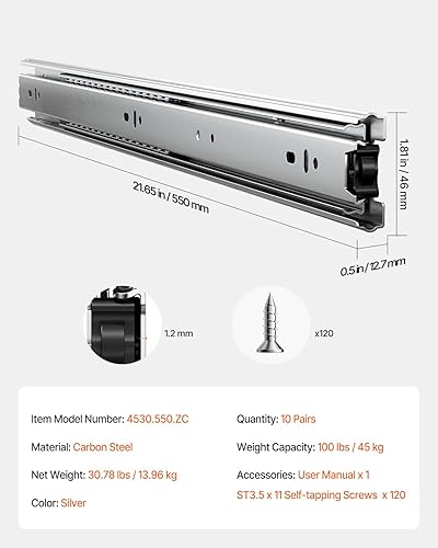 Miniatura 48 de VEVOR 6 pares de rieles de montaje lateral resistentes de 20 pulgadas, de 14, 16, 18, 20, 22, 24 pulgadas, rodamientos de bolas, extensión completa