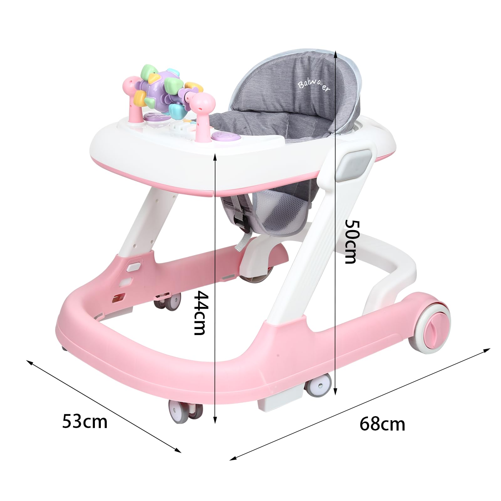 OHMG Girello per bambini 4 in 1 con vassoio per attività musicali rimovibili, girello per bambini facilmente pieghevole, da 6 a 18 mesi, fino a 12 kg, regolabile in altezza con ruote silenziose