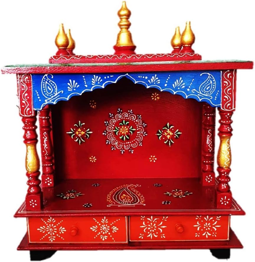 Anshika International Wood Home Temple (18 x 9 x 22 inch, Red & Blue)