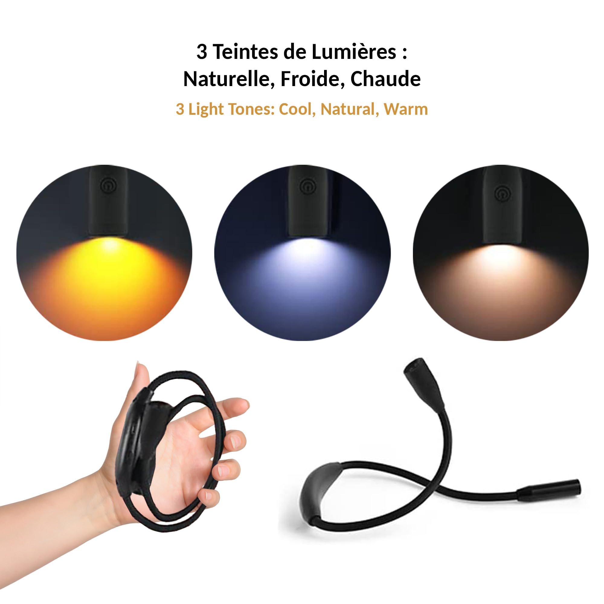 Fishtec - Lampada da lettura da collo ricaricabile - 3 colori di luce 3 intensità bracci flessibili in silicone morbido USB-C 6-20 ore di autonomia - Lettura cucito fai da te viaggio