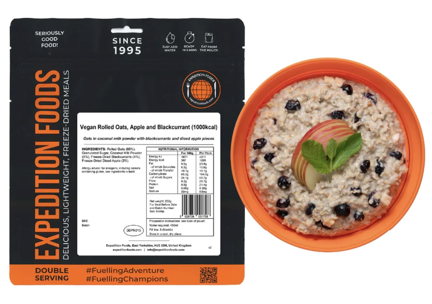 EXPEDITION FOODS Vegan Rolled Oats, Apple and Blackcurrant (Double Serving / 1000KCAL) | Freeze-Dried Camping & Hiking Food