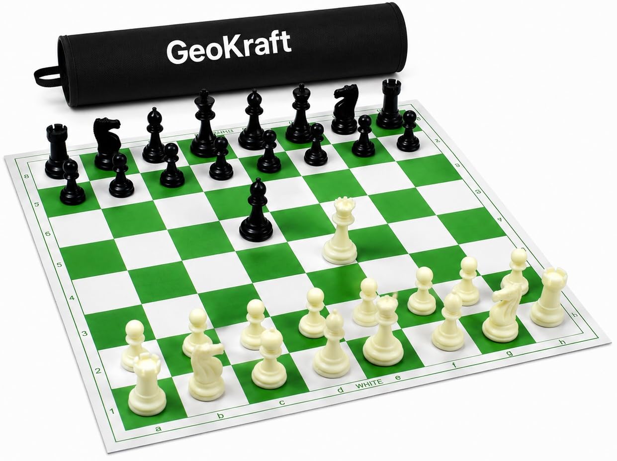 GeoKraft 18 * 18 Inches Roll-up Vinyl Tournament Chess Set with Storage Bag & Extra Queens,Premium Heavy Chess Pieces for Kids & Adults (Green)-image-43