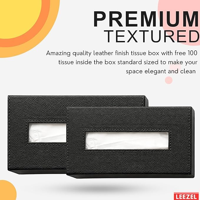 Image of LEEZEL| Tissue Box Holder with 100 Pulls Cotton Rags Tissue | Handcrafted Fine Leather - Like Finish | for Gifting, Office Desks, Cars & Home Decor | Durable & Water Resistant. (Black)