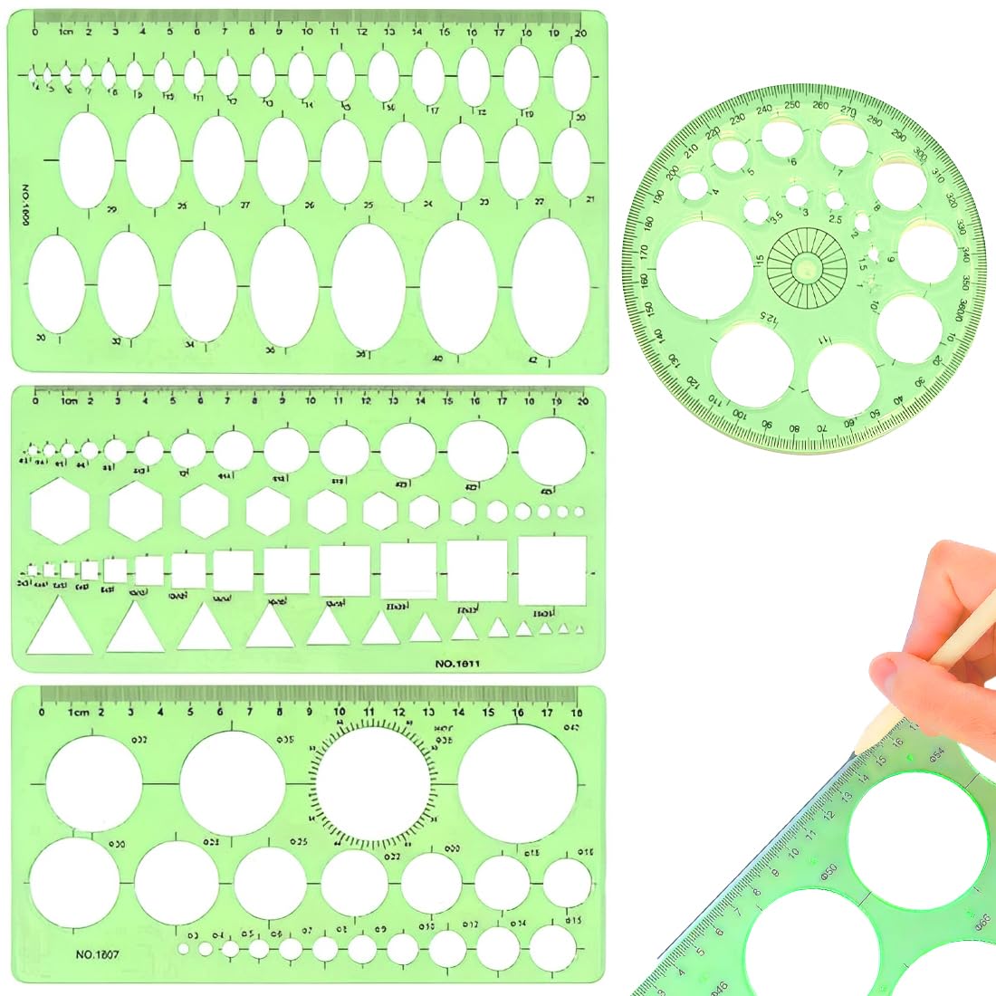 Plantillas Para Dibujar,Plantilla Circulos,Reglas Dibujo Tecnico,Plantilla Elipses Isometricas,para Medir Reglas Círculo Geométrico Plantillas de Dibujo 4pcs(Verde Transparente)