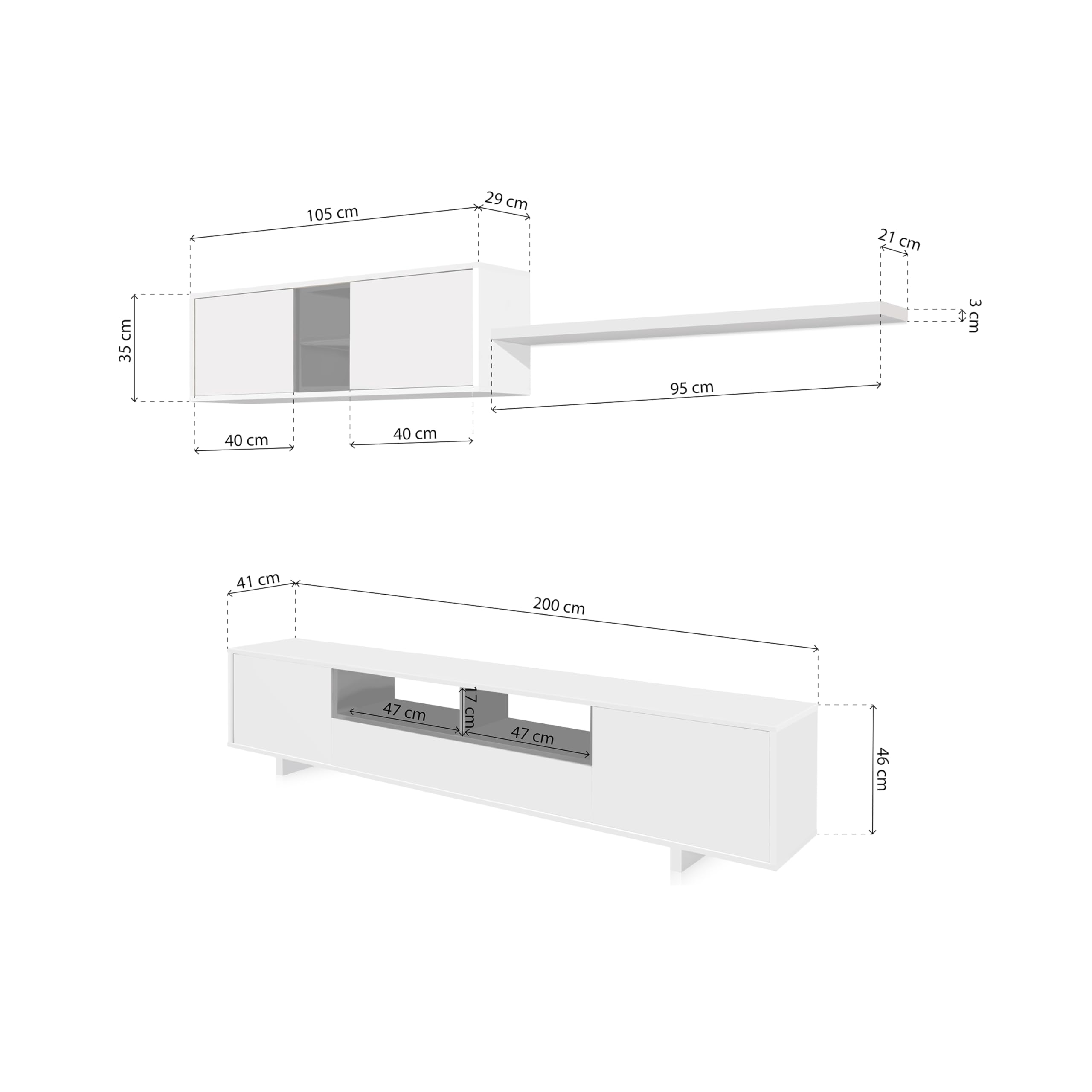 duehome | Mueble de Salon Moderno, Modulos Comedor, Modelo Kenzo, Acabado en Blanco Brillo y Gris Antracita, Medidas: 200 cm (Ancho) x 41 cm (Fondo) x 46 cm (Alto)