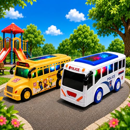 Image of Vikrida Friction Powered Police and School Bus Toy for Kids | Light & Sound Battery Operated Vehicle with LED Effects - Combo Pack of 2 Pcs