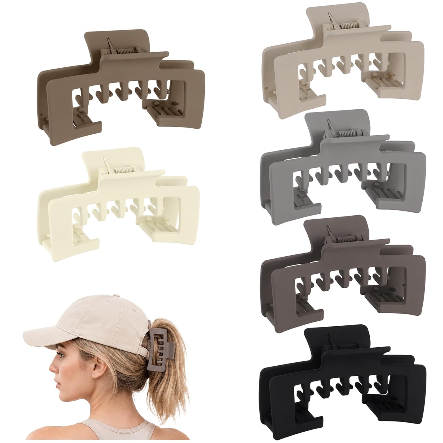 6 Pcs Hat-Friendly Claw Clips for Baseball Caps, Square Hat Claw Clip with Notch Design, Nonslip Matte Hair Clips for Women, Secure Hair Accessories for Travel Sports Outdoors