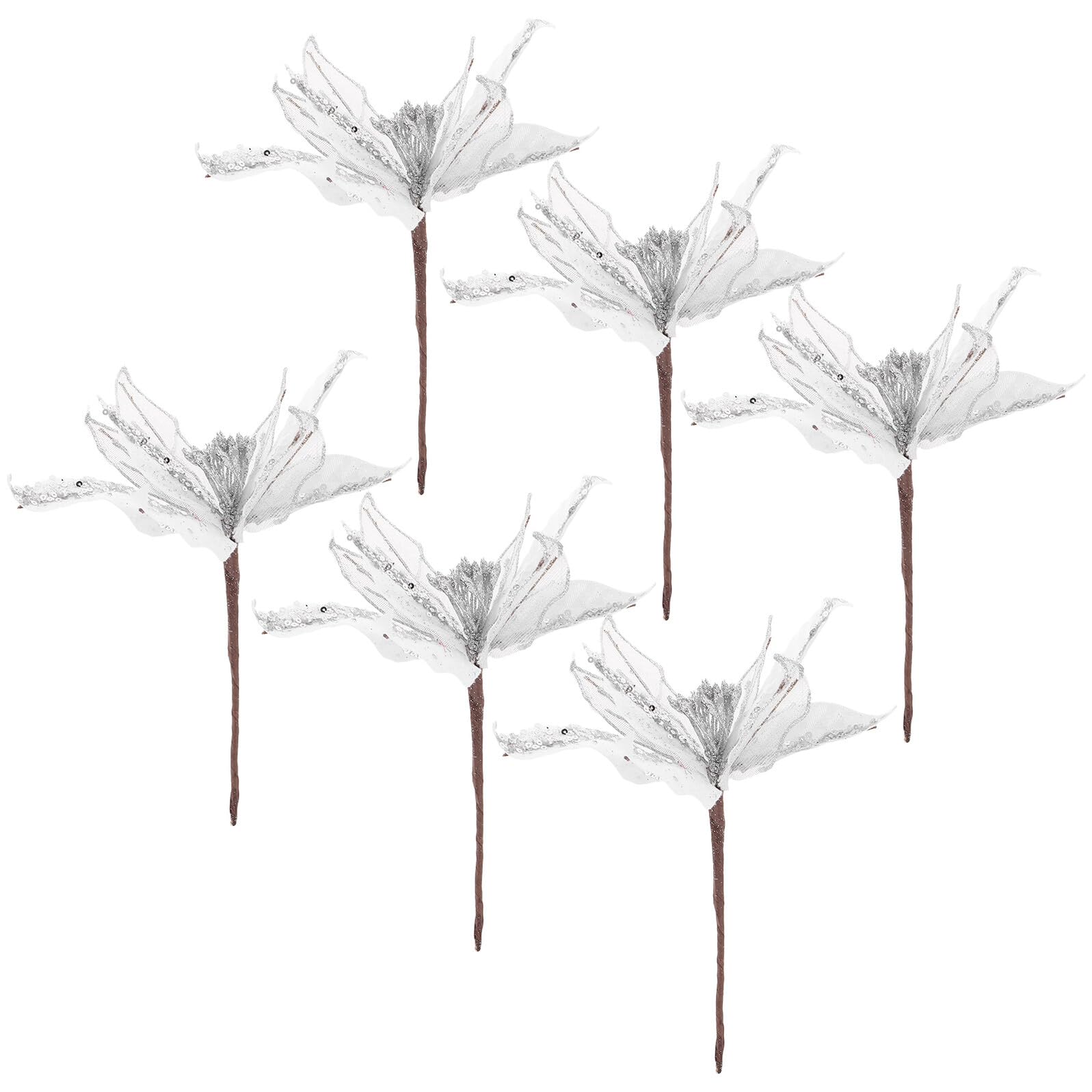 6 Stück Teiliges Künstliche Weihnachtsstern-deko Silber Glitzernde Poinsettia Blumen Handgefertigt für Weihnachtsbaum Innen Außen Festliche Blumengestecke und Kaminornamente