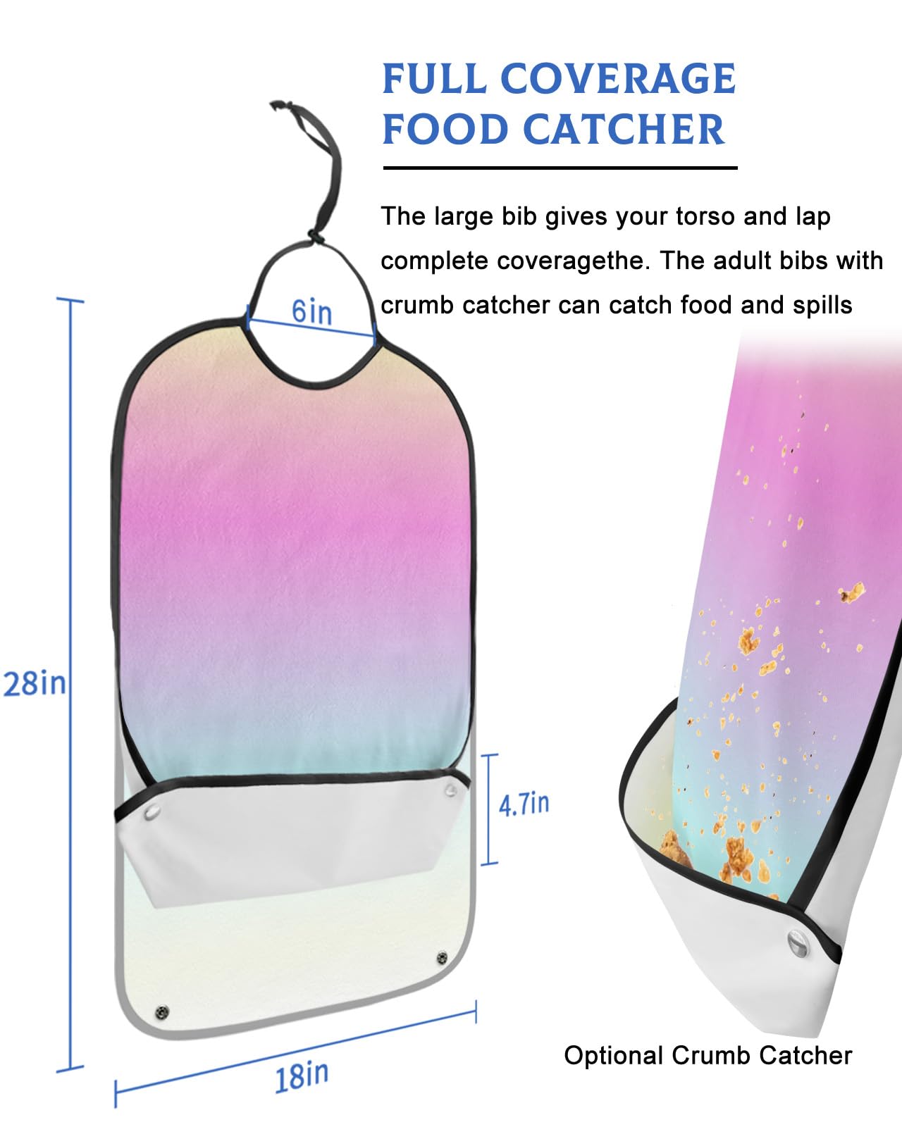 Kewadony Adult Bibs for Elderly Women - Pink Blue Yellow Ombre Waterproof Dining Clothing Protectors with Crumb Catcher for Eating/Feeding, Purple Gradient Terry Cloth Bib Machine Washable