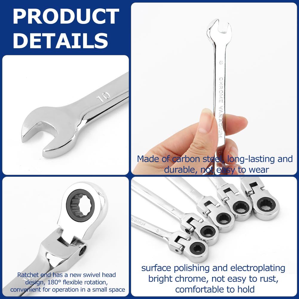 Set di 5 chiavi a cricchetto con testa flessibile, metriche da 6-10 mm, kit di chiavi combinate a cricchetto con testa a 180°, 72 denti, estremità scatola e chiave a estremità aperta per