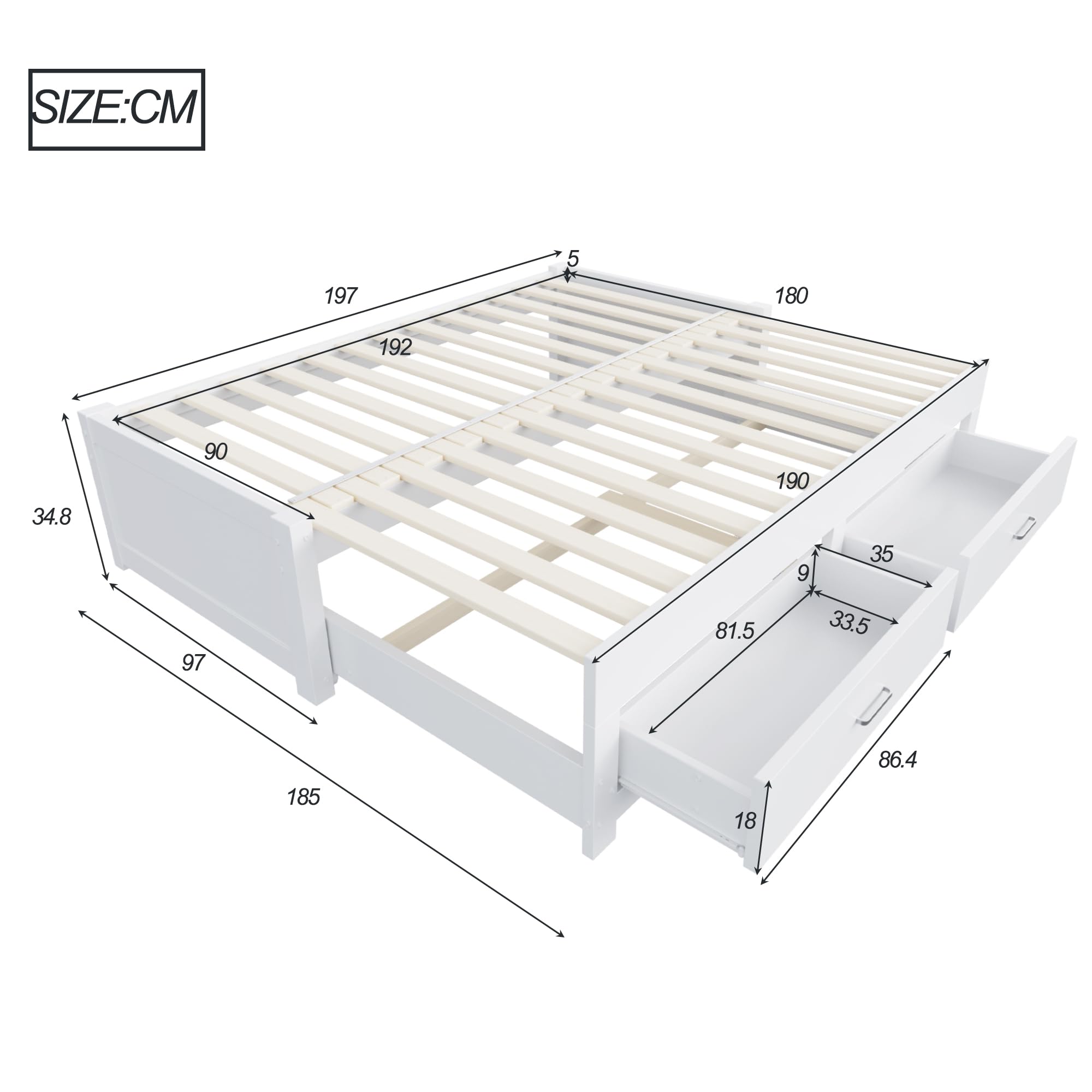 Kebnor Sofá cama extensible de madera, 90/180 x 190 cm, con dos cajones, sin reposabrazos ni respaldo, cama de invitados multifuncional con somier (blanco)