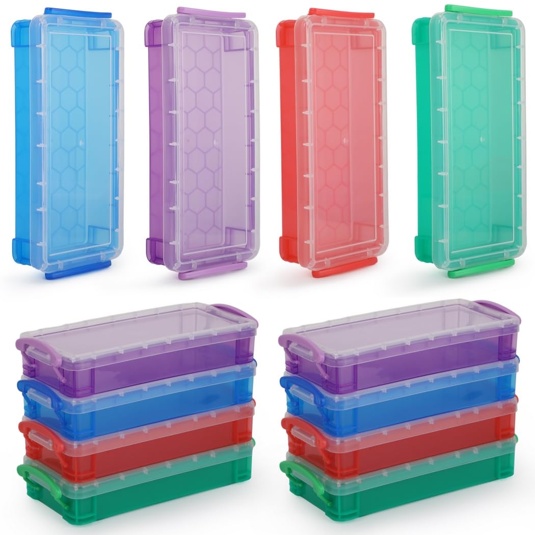 Plastikowe torby na długopisy, 12 szt., zestaw z przezroczystymi pokrywkami, 4 kolory, plastikowe pudełka do przechowywania długopisów, markerów, pędzli, organizerów na artykuły biurowe