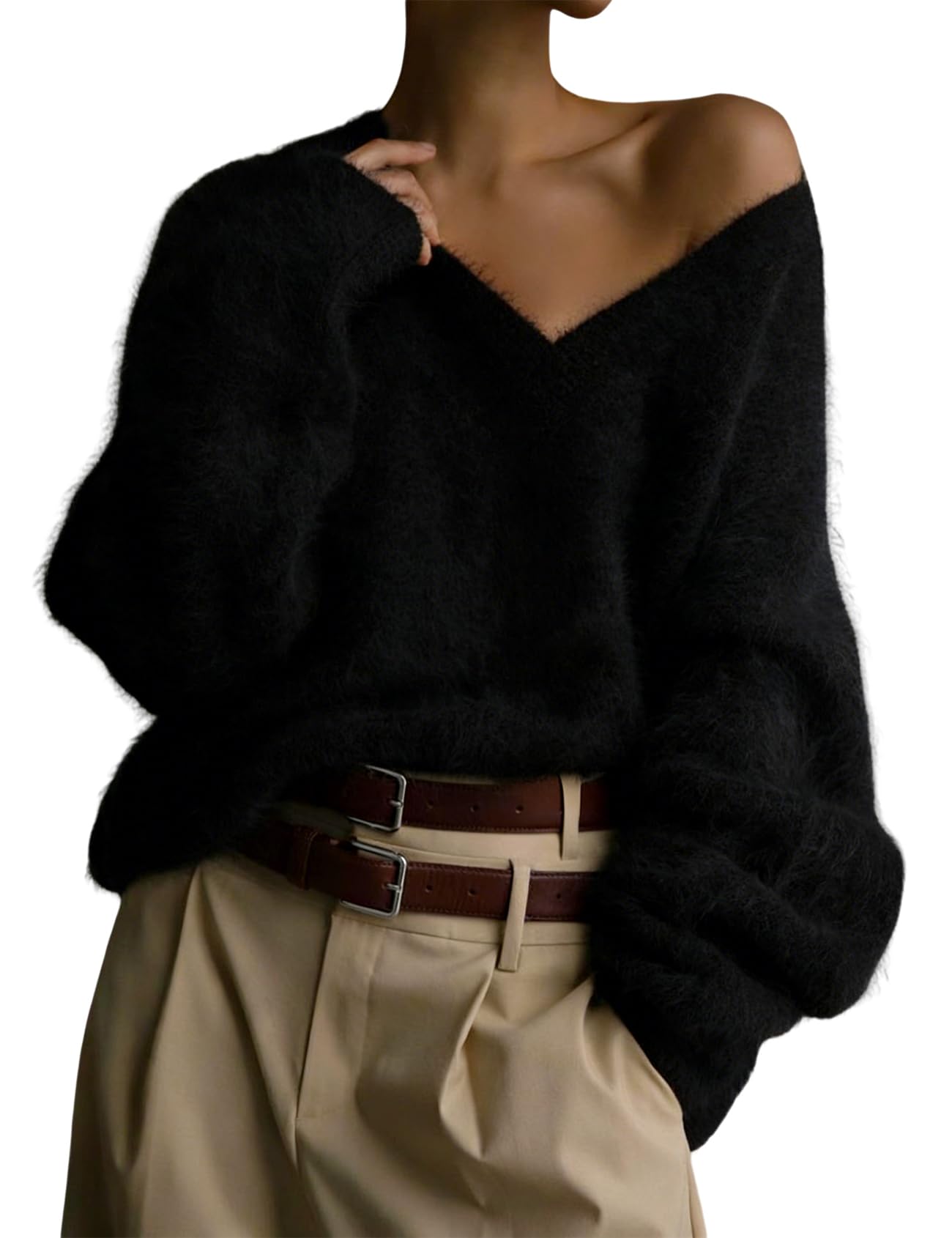 Fuzzy Sweater for Women V Neck Long Sleeve Soft Chunky Pullover Sweater Loose Slouchy Fluffy Jumper Top-image-6