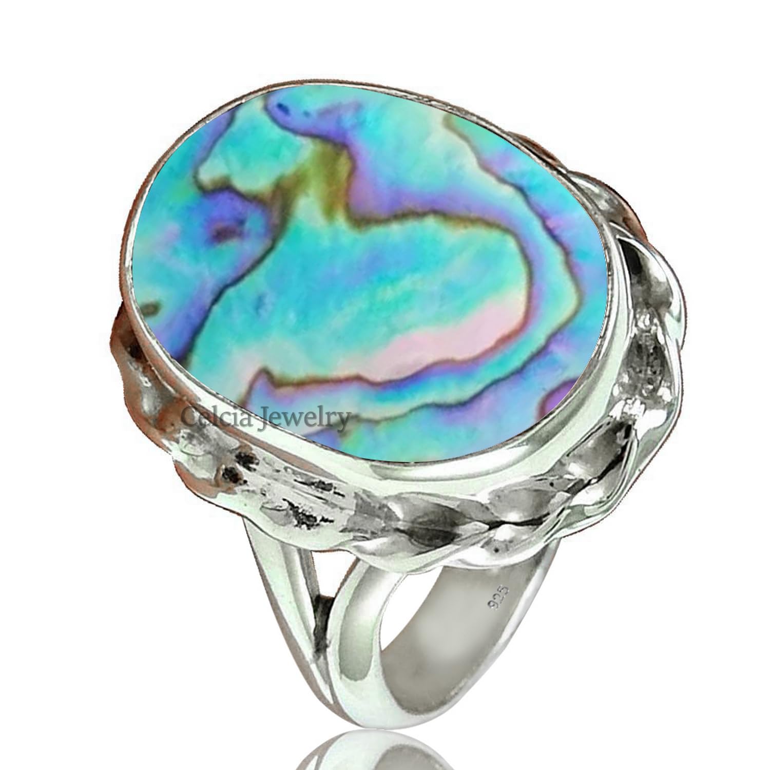 Genuine Abalone Shell Beautiful Gemstone Oval Ring, Pure 925 Sterling Silver Womens Ring, Statement Ring, Delicate Ring, Unique Anniversary Gifts for Mom (Abalone Shell, Size 8.5)