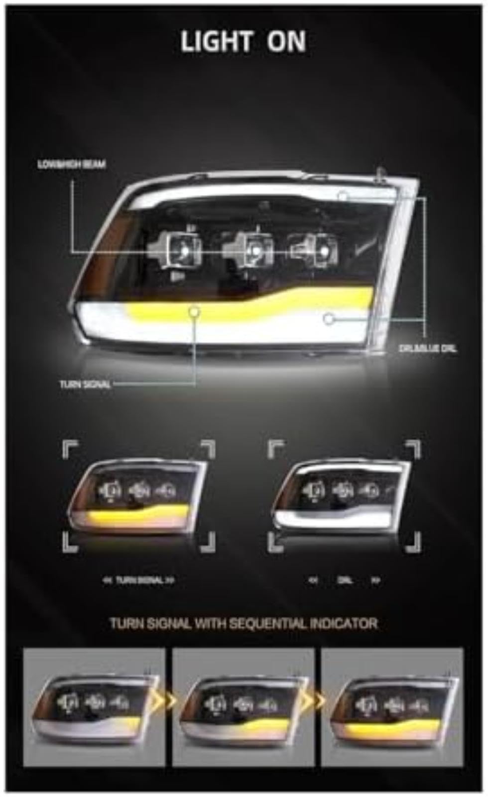 Dla DODGE, dla Ram 1500, dla Ram 2500 2009-2018 lampa czołowa światła przeciwmgielne drl do jazdy dziennej Tuning montaż reflektorów samochodowych reflektor włączony (Amber) (Amber)