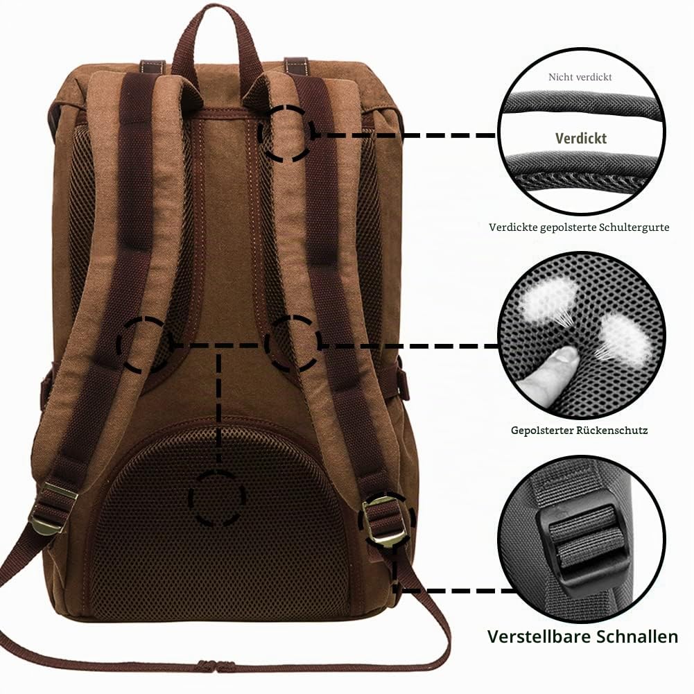 KAUKKO Unisex Canvas Rucksack im Vintage-Look mit Leder-Riemen als Schulrucksack, zum Wandern, Einkaufen, Reisen, Camping und für die Verwendung im Alltag,brown,L