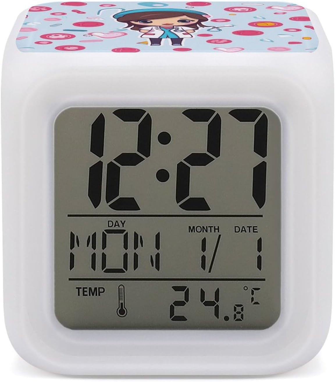 7-Color Changing Alarm Clock with Cute Nurse Design, Multifunctional LED Digital Clock with Temperature Display Smart Digital Alarm for Home & Office Decor