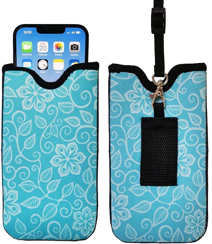 Tainada Neck Phone Holder Pouch w/Belt Loop (Floral Pattern Turquoise)