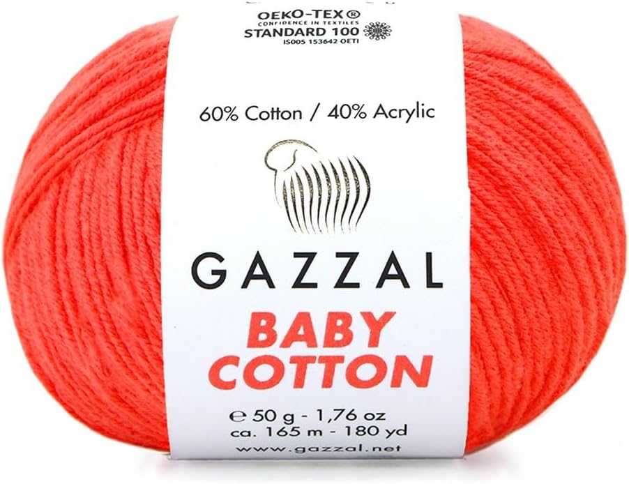 3 Pack (Skein) Gazzal Baby Cotton, 60% Cotton 40% Acrylic, Each Ball 1.76 Oz (50g) / 180 Yards (165m), DK- Worsted, Knitting Yarn, Amigurumi Yarn, Baby Yarn, 3459