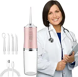 Irrigador Oral Portátil com 4 Bicos e Cabo USB-C - Fio Dental Elétrico recarregável-Limpador de Prótese Fixa/Protocolo/Implante/Aparelho Ortodôntico Premium 110/220V (Rosa)