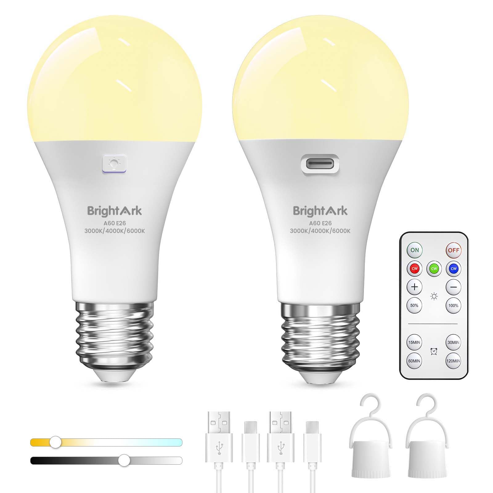 Rechargeable Light Bulb with Remote Control, 3 Colours, Dimmable E27 USB Rechargeable Light Bulb, LED with Timing Function, Battery Bulb for Outdoor Light, Emergency Light (Pack of 2)-image-5