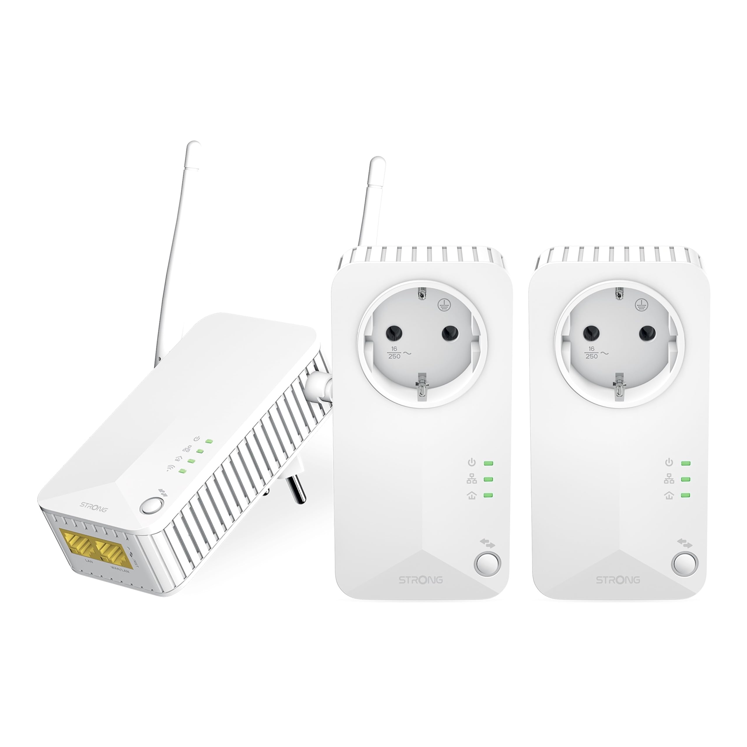 STRONG - Powerline 600 Triple Wi-Fi EU - 2 Adattatori Powerline 600 + Wi-Fi 300 Mbps - Internet Veloce - Presa Passante Schuko - Portata di 300m - Per Tutti i Modem/Router PLWF600TRIEUV2