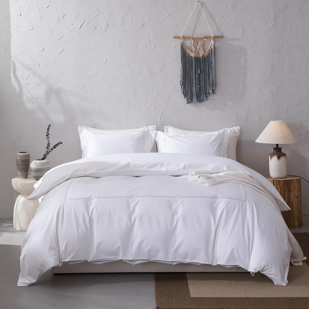 meadow park Cotton Sateen 500TC Hotel Stitch Duvet Cover 3PC Set, Herringbone Pattern, All Season Comfort, King Size, Gray