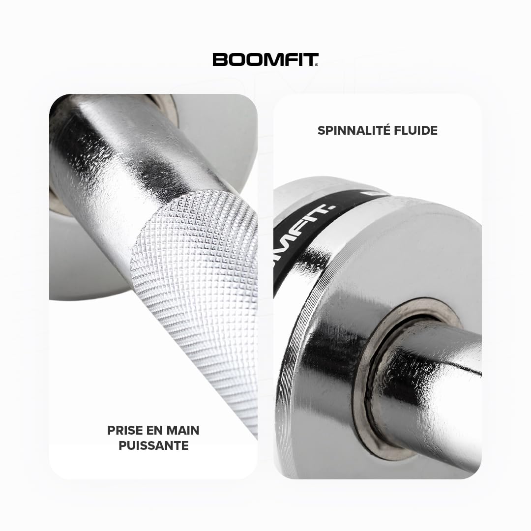 BOOMFIT Barre Olympique 9/12/15/20 kg | Manchons 50mm| Barre de Musculation Développé Couché et Squat | Charge 205-405kg | Idéale Home Gym, Haltérophilie et Powerlifting