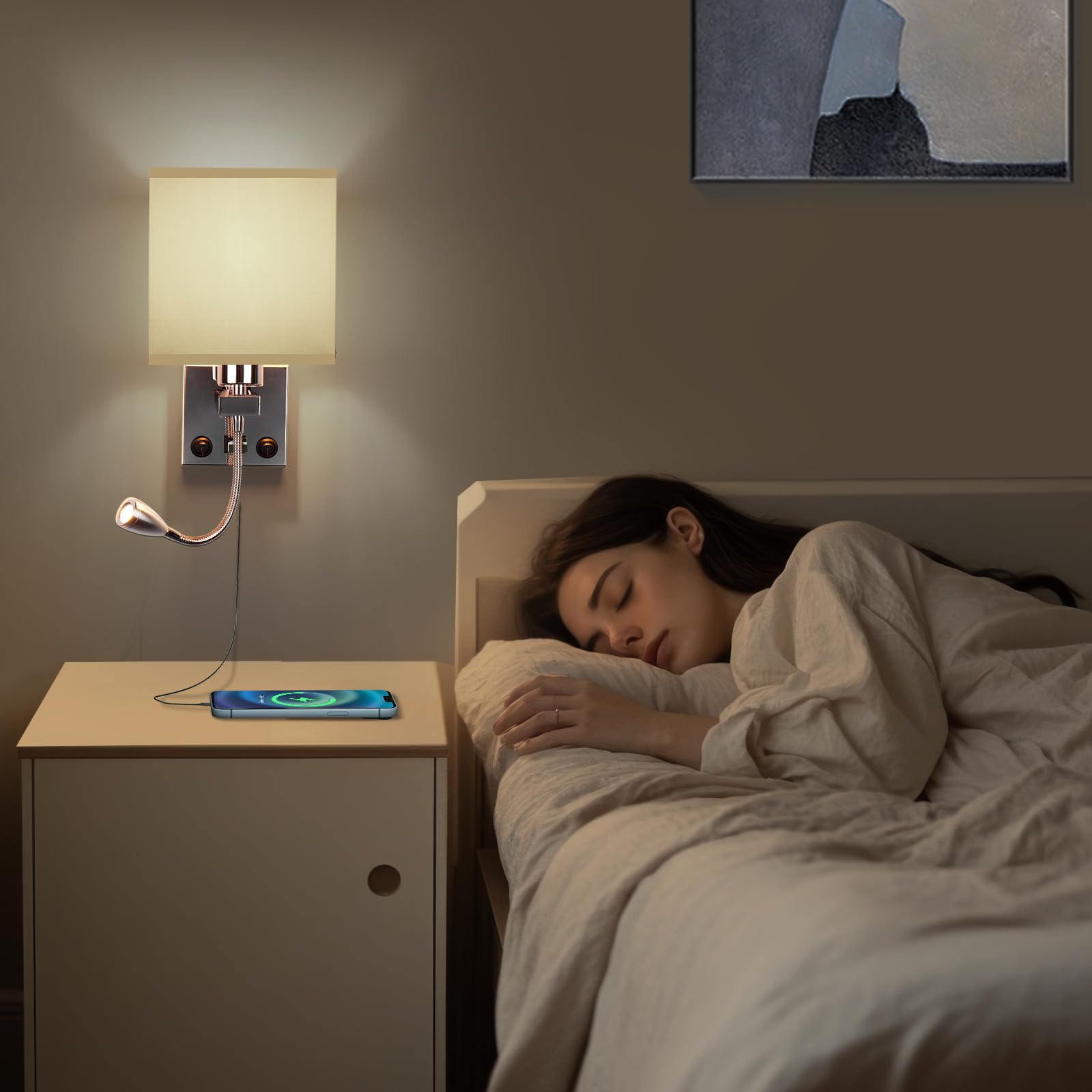 ALLOMN Applique da Comodino, Applique da Lettura a LED Applique Moderna Cromata Lucida con Faretto Orientabile a Collo di Cigno, Doppi Interruttori, Con porta USB da Caricare E27 (Con USB, 1 PCS)