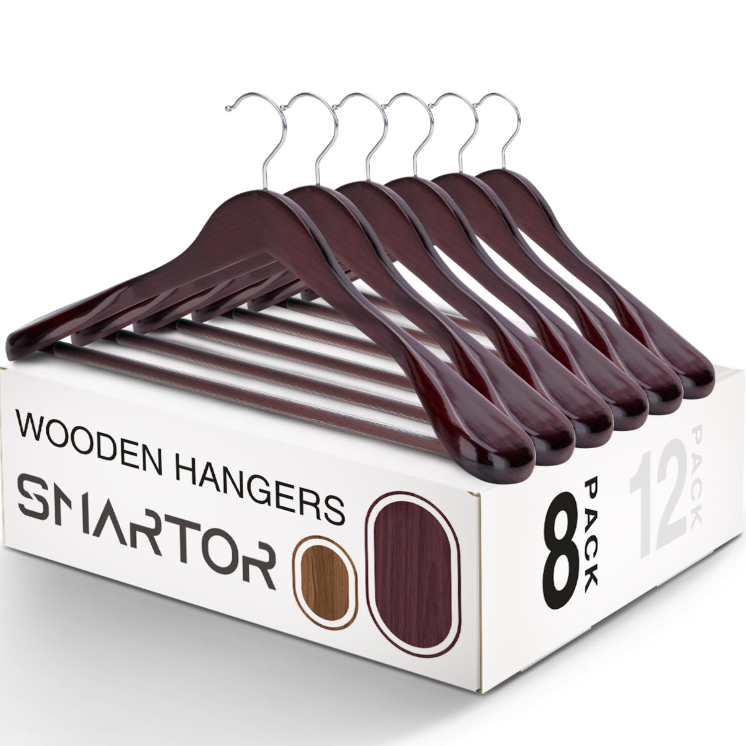 SMARTOR Suit Hangers for Men 8 Pack, Wide Shoulder Wooden Suit Hangers with Non Slip Pant Holder, Wide Hanger for Suit, Coat, Jacket, Gown, Heavy Duty Wood Suit Hanger, Cherry