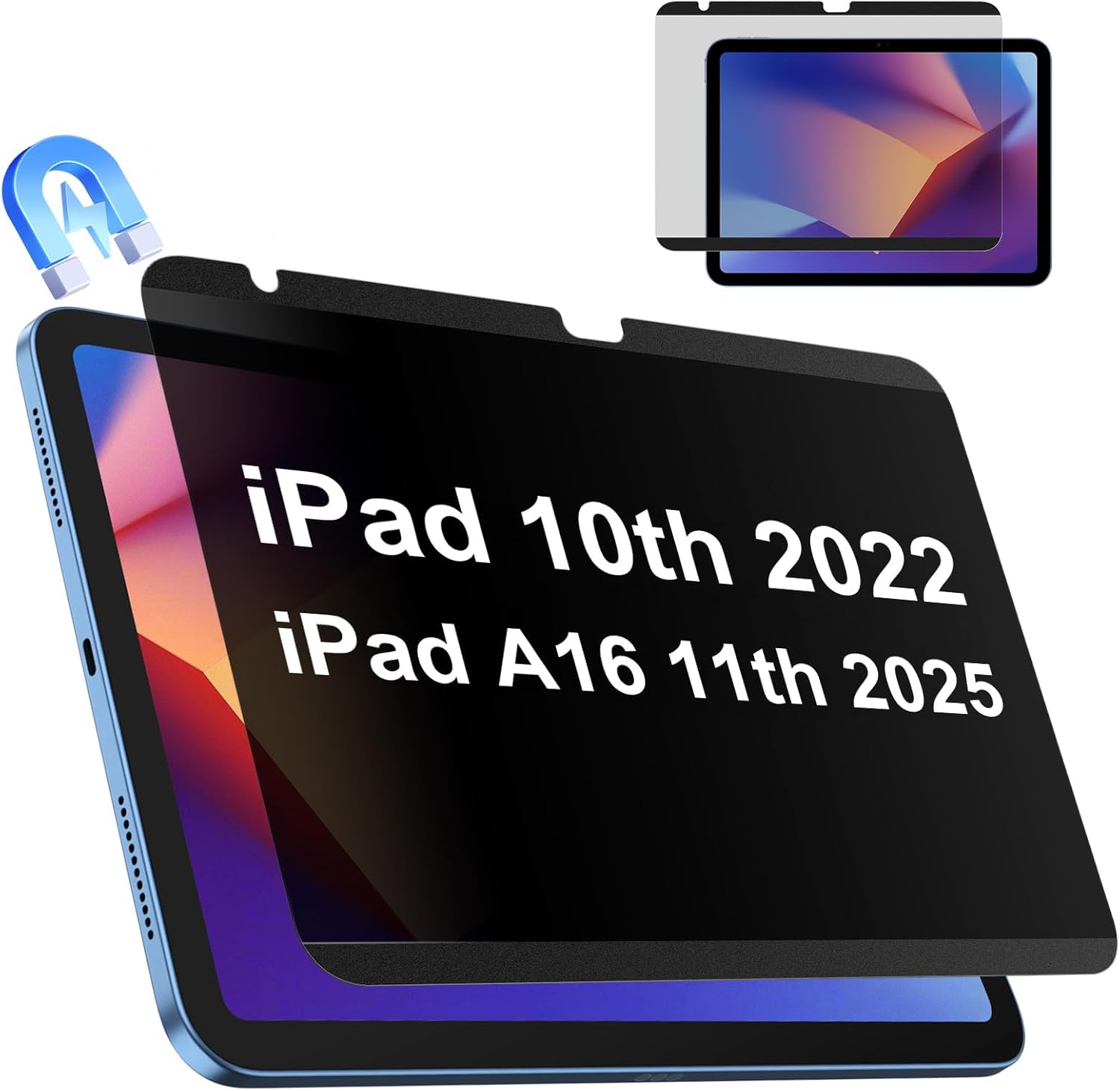 IPROKKO Magnetic Privacy Screen Protector Compatible With iPad 11th A16 2025 11" & 10th 2022 10.9 Inch, Removable Anti Blue Light Glare Spy Private Filter Black Security Shield Screen Cover [Support Apple Pencil]