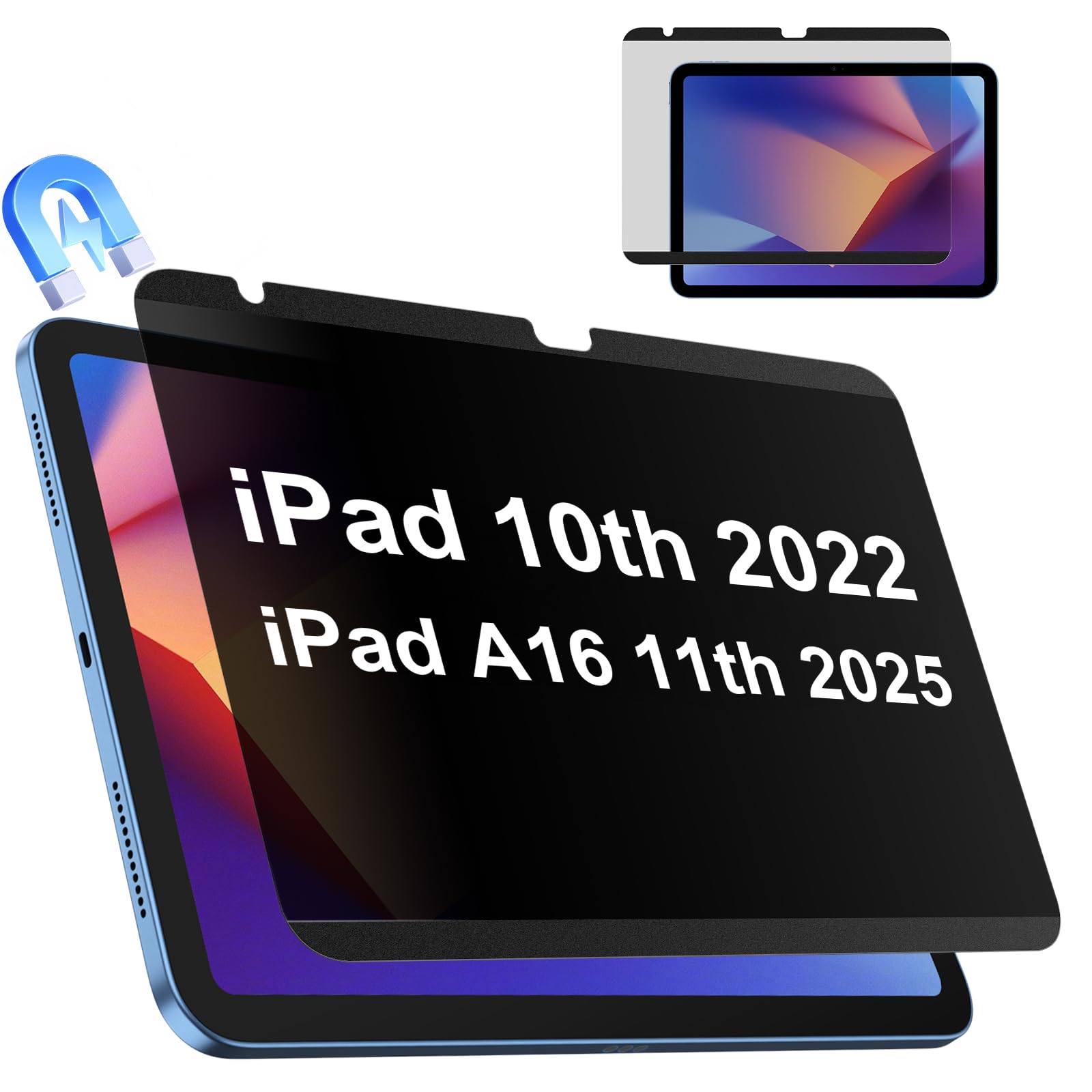 IPROKKO Magnetic Privacy Screen Protector Compatible With iPad 11th A16 2025 11" &amp; 10th 2022 10.9 Inch, Removable Anti Blue Light Glare Spy Private Filter Black Security Shield Screen Cover [Support Apple Pencil]