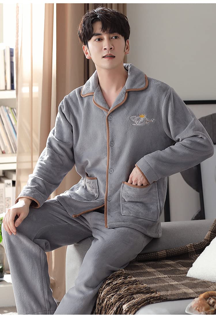 LUBOSE Pijama de forro polar coral para hombre Simple Fashion Solapa Botón Plus Fleece engrosado cálido manga larga Homewear Set (XXL, gris)