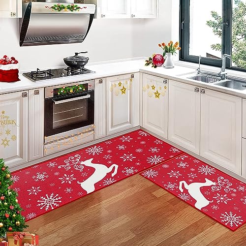 Haperlare Christmas Kitchen Rugs and Mats Set of 2 Xmas Holiday Christmas Deer and Snowflake Kitchen Mat Non-Slip Decorative Doormat Runner Rugs Floor Mat for Xmas Home Decor, 17
