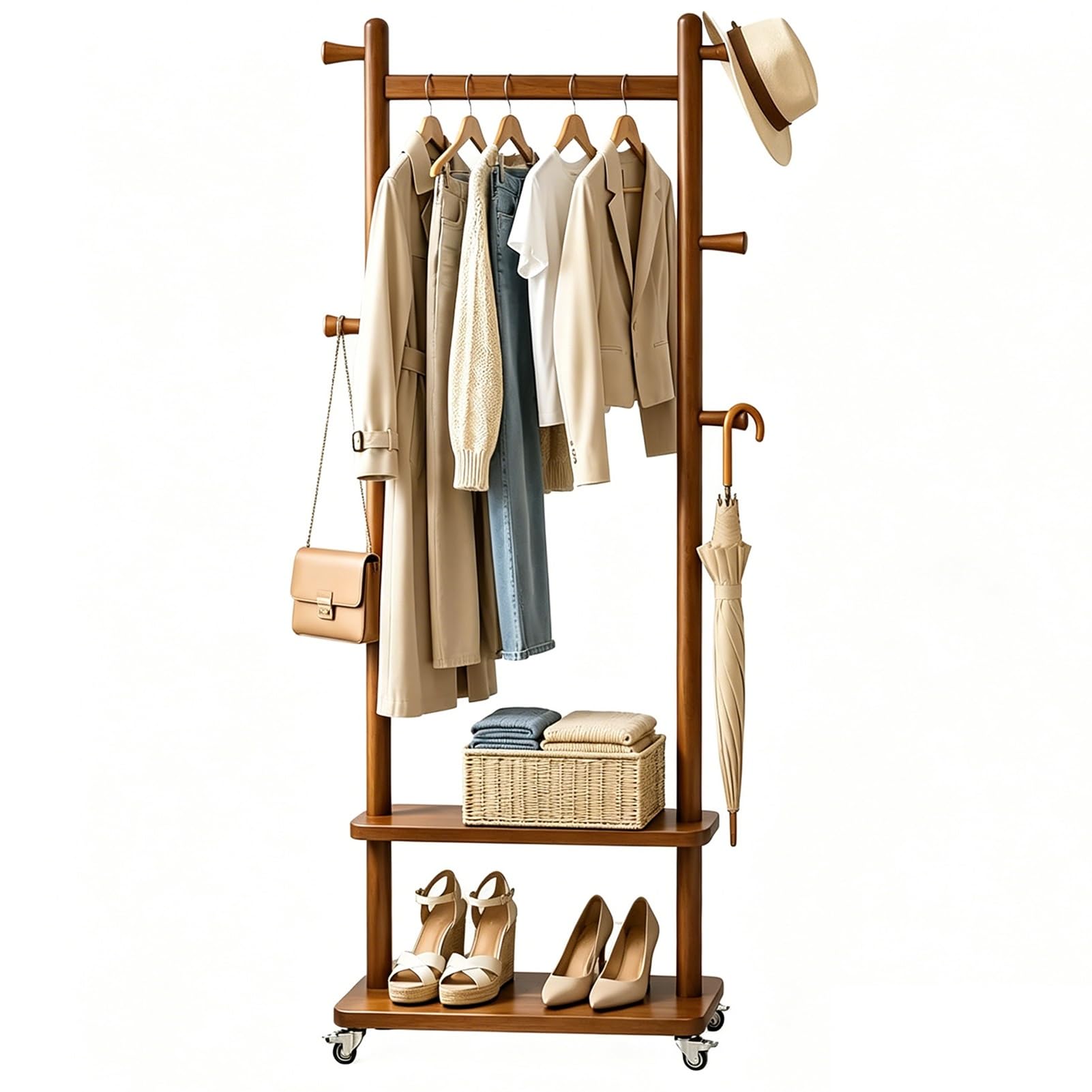 LXXSHOPDS Garment rack Solid Wood Clothing Rack With Wheels, Coat Rack With 2 Shelves And 5 Hooks