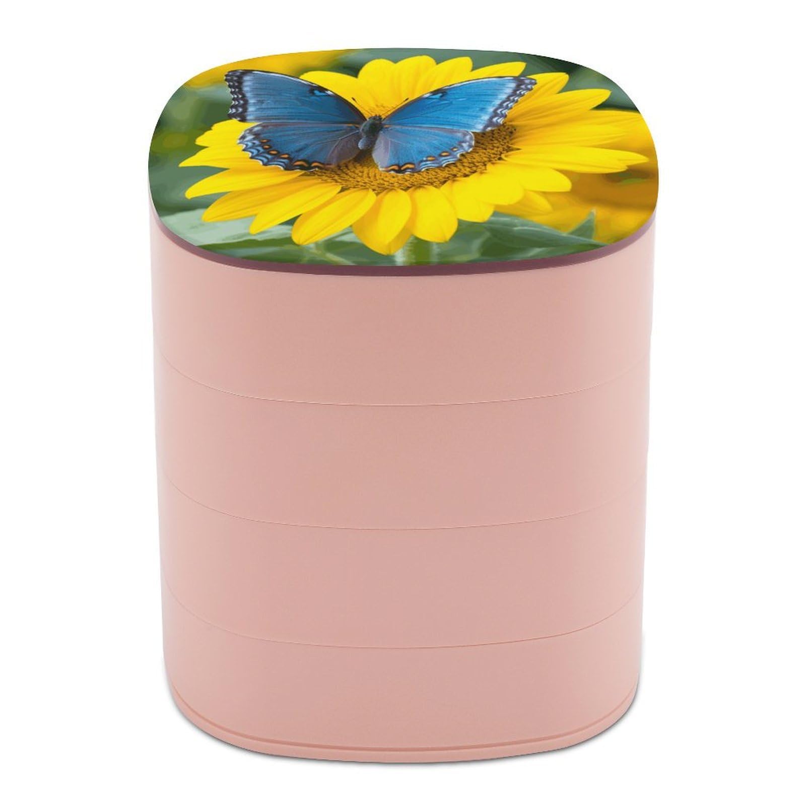 VstaDank 360° Rotating Sunflower Blue Butterfly Jewelry Box, Multi-Layer Large Capacity Jewelry Organizer for Earrings Necklaces Rings, Dustproof Desktop Storage Case for Women