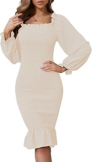 Women's Long Sleeve Square Neck Midi Maternity Dresses Ruffle Smocked Bodycon Mermaid Cocktail Dress for Spring - Buy now
