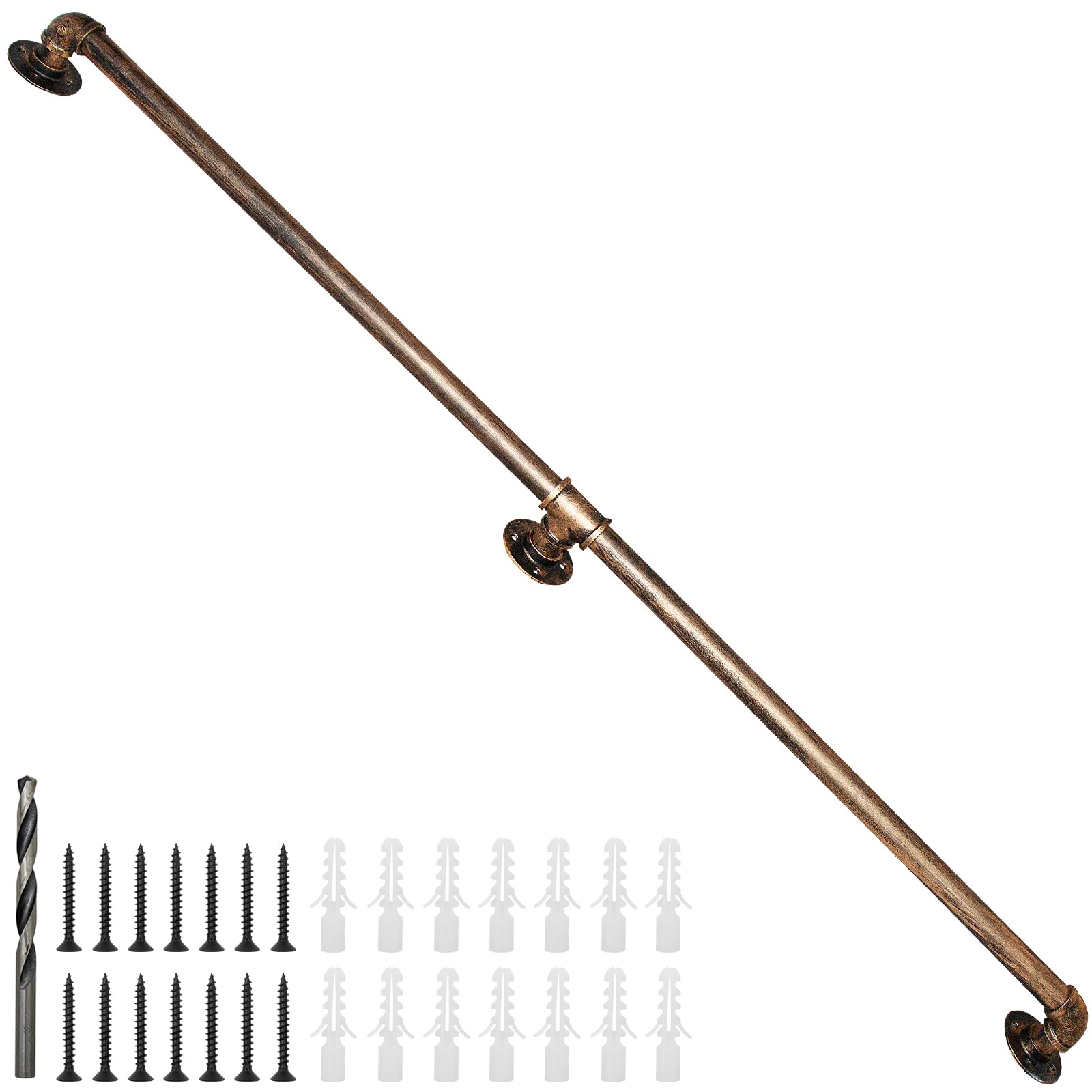 Rebala Wall Handrail 6FT,Industrial Staircase Railing 1.25 Inch Tube Diameter,Galvanized Pipe Handrail,Handrails for Indoor Stairs with Wall Mount Support for Indoor, Outdoor,Antique Brass