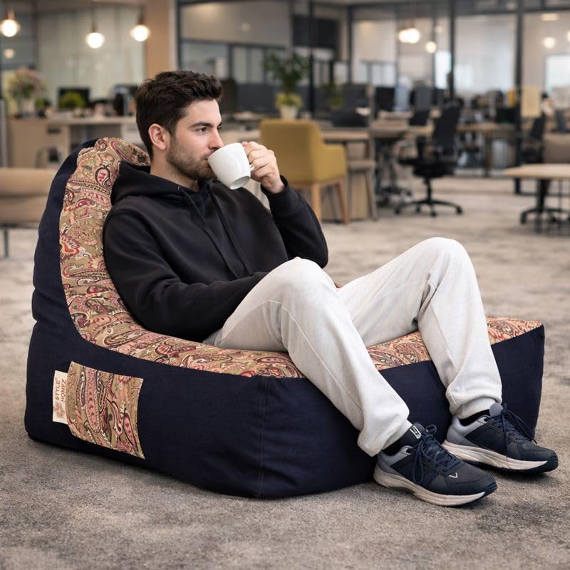 Image of Style Homez Urban Design Denim Canvas Paisley Printed Bean Bag XXL Size Filled with Beans Fillers
