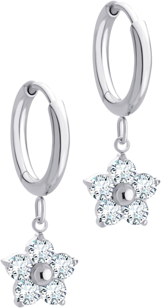 555Jewelry Flower Drop Earrings for Women Cubic Zirconia Stainless Steel Earrings Huggie Hoop Dangle Earrings