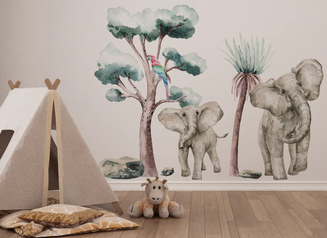 SAVANNA SPIRIT naklejki ścienne dla dzieci, safari, sawanna, żyrafa, gepard, małpa, tygrys, słoń, drzew, akwarela (Savanna Spirit L słonie)