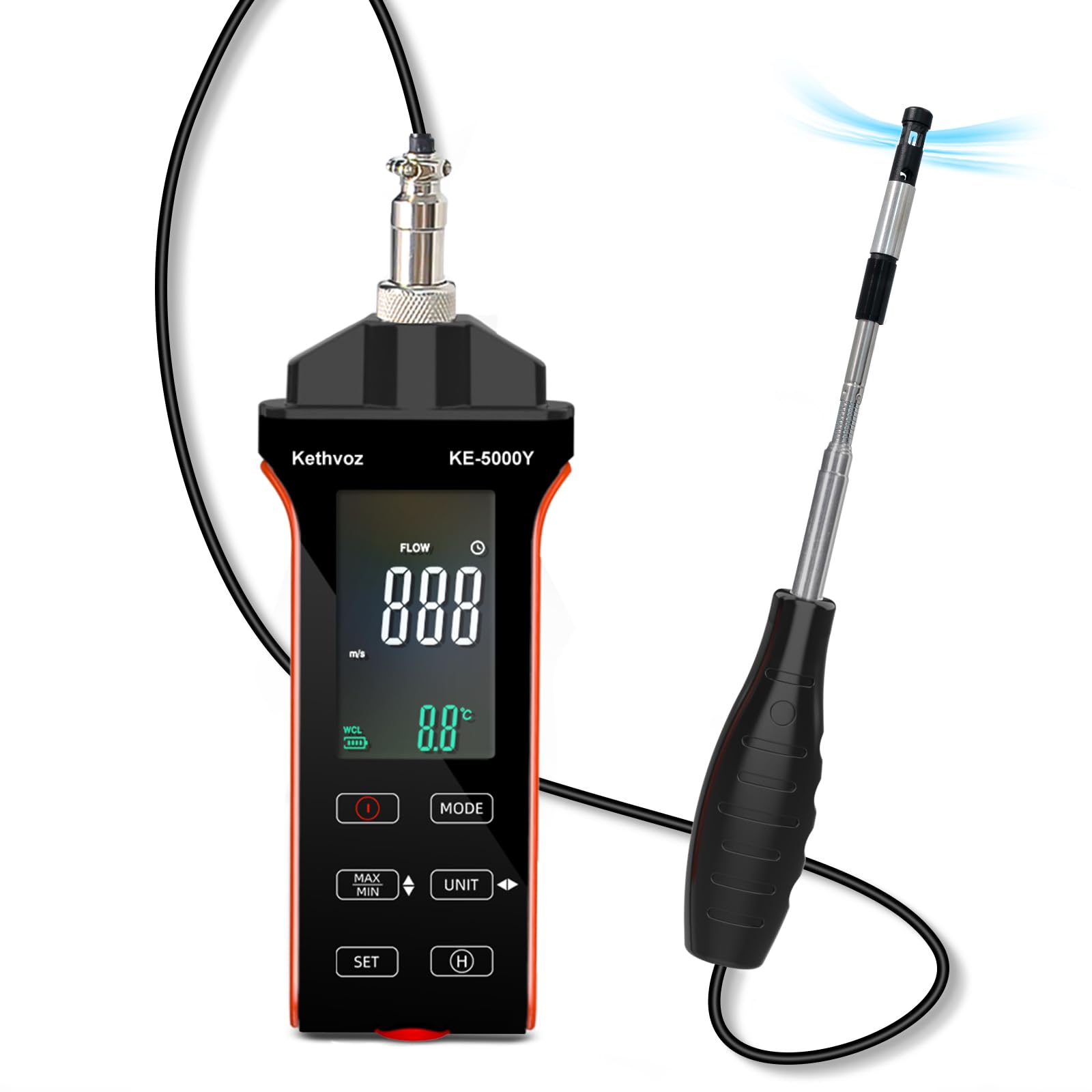 Digitales Heißdraht-Anemometer, Kethvoz HVAC Windgeschwindigkeitsmesser zur Messung der Luftgeschwindigkeit 0,1–30 m/s CFM/CMM Windstrom 0–999900 ft3/min Temperatur Feuchtigkeit