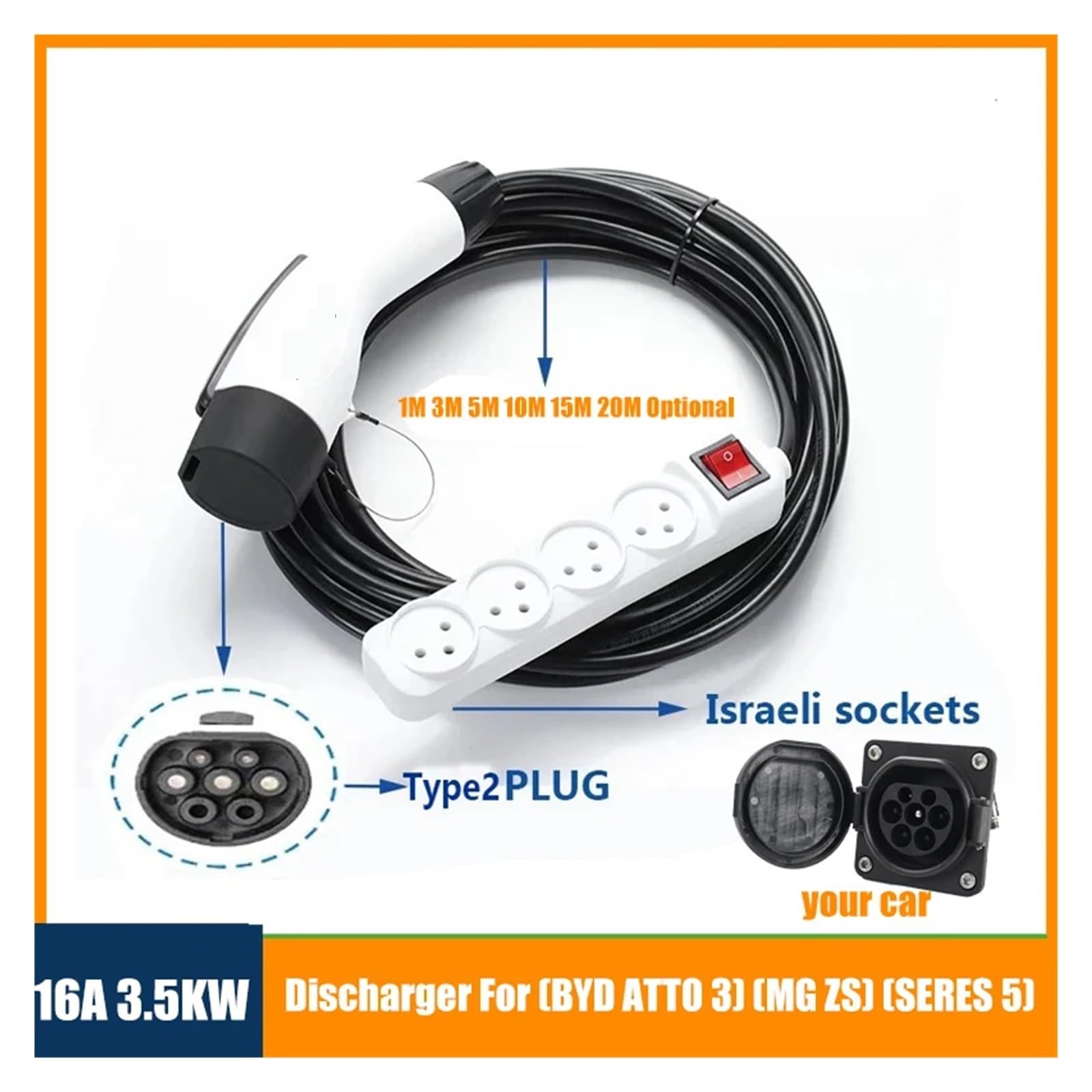 Amazon | 電気自動車側放電プラグ EV Type2 16A 充電ケーブル