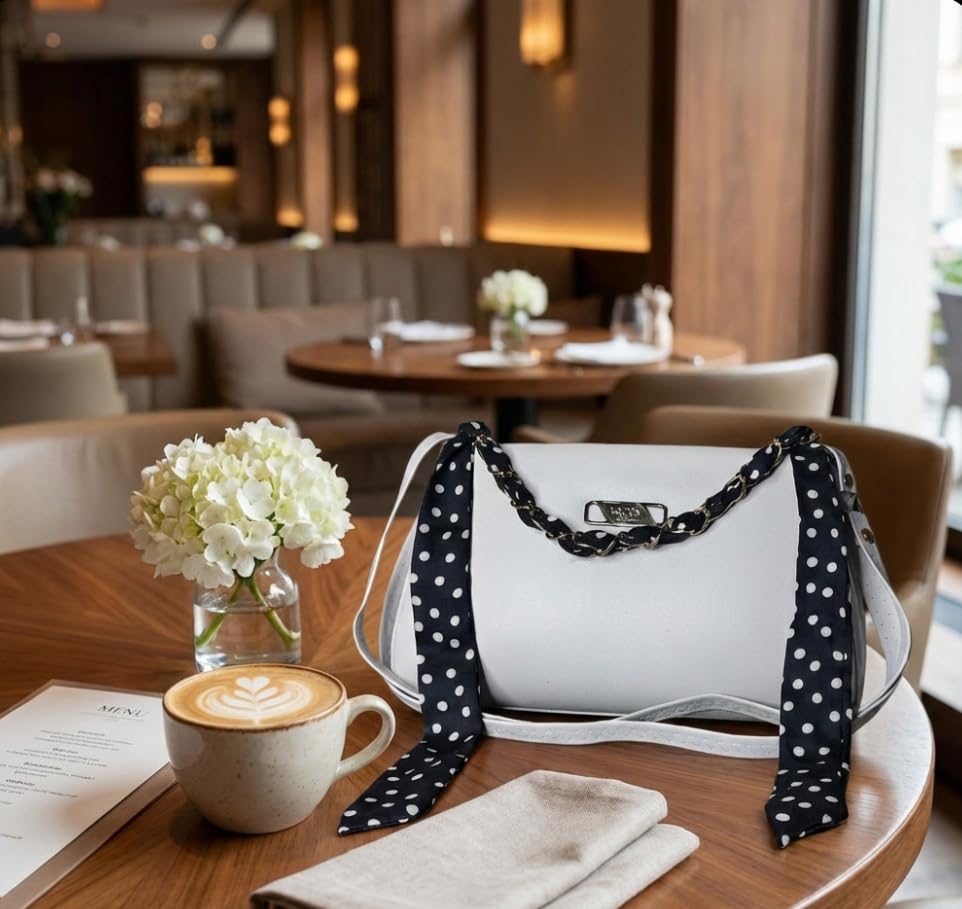 Image of Women's Crossbody Bag with Polka Dot Scarf, Chain Strap, Dual Zippered Compartments, Minimalist Design, 25x14x9 cm